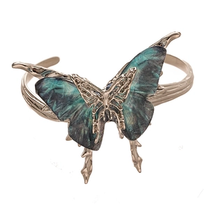 Vintage multilayer silver resin butterfly cuff bracelet with liquid metal textured edges