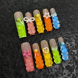 Handmade Resin Gummy Bear Press On Nails Colorful 3D Heart Bow Pearl Decoration Square Fake Nails For Women Nail Art Gift