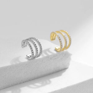 Minimalist 925 sterling silver triple layer ear cuff set in gold and silver with zircon