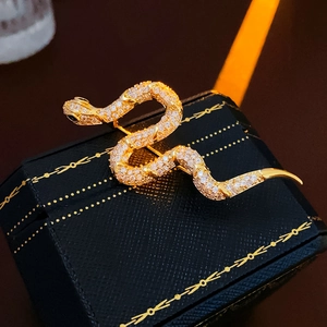 Close-up of gold-plated snake brooch with white crystals and black stone eyes in a jewelry box