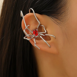 Gothic Alloy Spider Ear Cuffs With Red Black Green Rhinestones Halloween Punk Jewelry For Women Men Single Piece Set