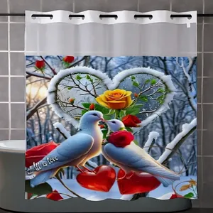 Double-layer floral shower curtain with winter birds, roses and All is love print design