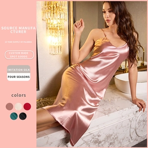 Women Satin Slip Nightgown V-Neck Spaghetti Strap Imitation Satin Sleepwear Glossy Sleeveless Loungewear Dress