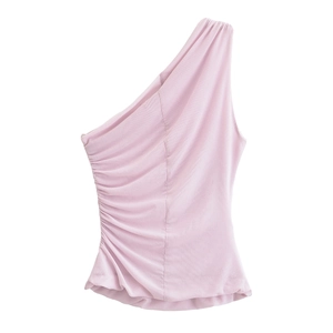 Close-up of ruched side detail and one-shoulder cut on a lilac slim-fit knit top