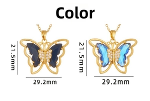 Detailed size comparison of blue butterfly pendant necklaces with crystal wing accents