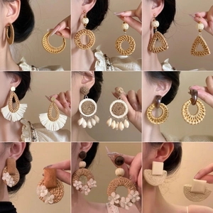 Bohemian Handmade Woven Raffia Drop Earrings With Shell Wood Decor 925 Sterling Silver Earring Post For Beach Vacation