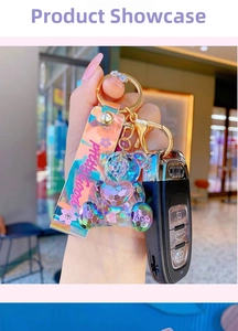 Detailed shot of laser gradient crystal bear keychain with Pretty Good ribbon handle