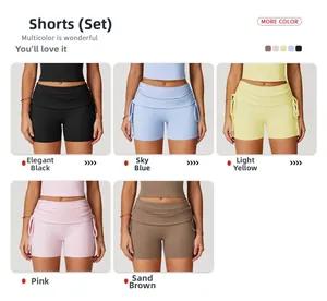 Close-up of high-waist yoga shorts with side drawstring detail in five different colors