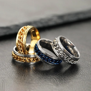 Detail of stainless steel spinner rings featuring rotating Cuban links in four colors