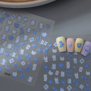5D embossed cat nail art stickers FEB-927 with cute 3D blue and white kitty designs
