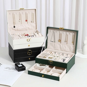Three-tier PU leather jewelry box with lock in white black and green color options