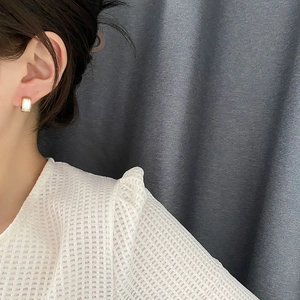 Elegant gold titanium steel earrings with rectangular white mother of pearl inlay for women