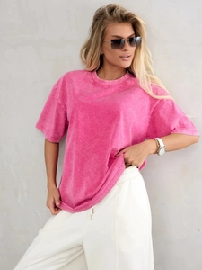 Detailed view of rose pink cotton T-shirt showing vintage snow wash texture and fabric
