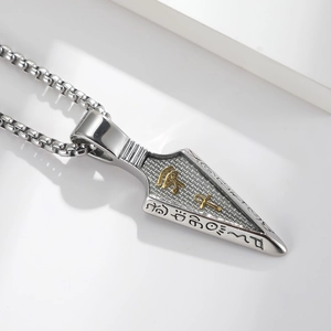 Men's titanium steel spearhead pendant with Eye of Horus and Ankh symbols on box chain