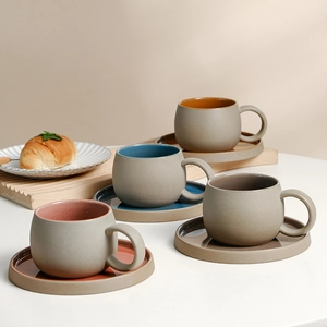 Japanese style ceramic coffee cup and saucer set in four assorted matte earthy colors