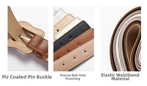 Detail of elastic waist belt showing needle buckle, multiple colors, and textured fabric