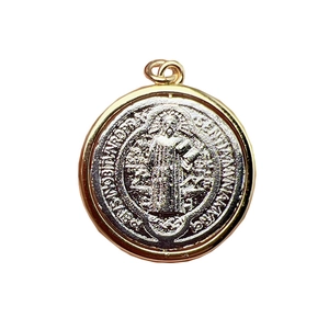 Rotating religious pendant in gold and silver steel with Saint Benedict relief