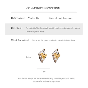 Size specifications for stainless steel diamond earrings with a golden bow detail