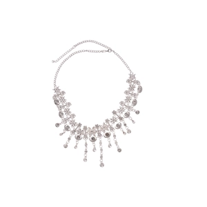 Parure collier fleurs argentées et pompons sertis de strass brillants pour soirée