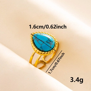 Golden 304 stainless steel open ring with water-drop turquoise and size dimensions