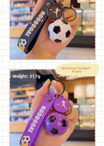 Detail view of football themed keychains in black and purple with 31.7g weight info