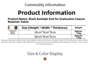 Size chart showing 16x9x9cm dimensions for black graduation gnome dolls with fabric details