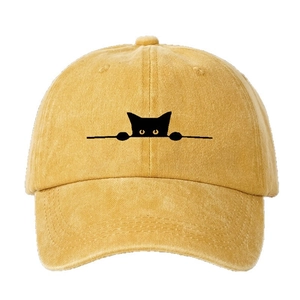 Classic mustard yellow cotton baseball cap featuring a black cat embroidery design
