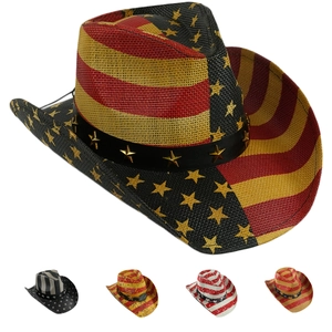 Retro American Flag Western Cowboy Hat Paper Straw Stars Stripes Patriotic Wide Brim Party Sun Hat