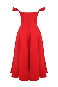 Detailed view of red off-shoulder midi dress with slim waist and A-line flared hem