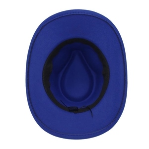 Top view of royal blue fedora hat showing internal sweatband and quality care label