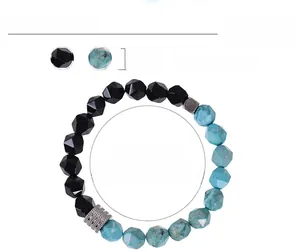 Détails de l'obsidienne facettée 10mm et bracelet turquoise avec intercalaires en métal