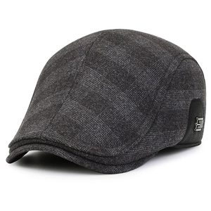 Men's dark grey plaid flat cap with wool texture and ear protection for winter