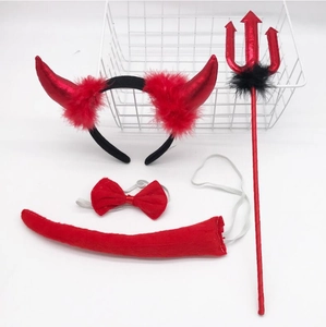 Red devil costume accessory set with horns headband, trident, bow tie, and tail