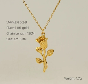 Detail showing 32x15mm golden rose pendant on 45cm stainless steel necklace chain