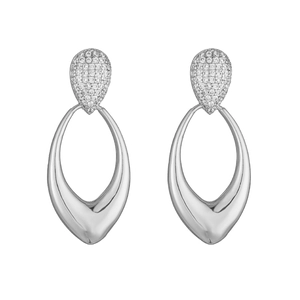 Detailed view of silver hollow oval drop earrings with shimmering zircon crystal stud