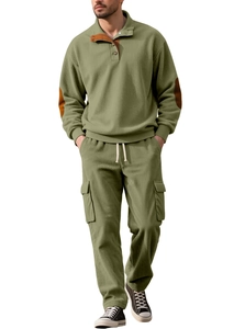 Detail of olive green corduroy tracksuit set with drawstring waist and cargo pockets