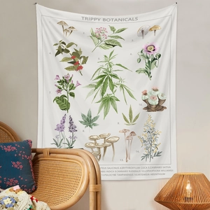 Detail of vintage trippy botanical tapestry with mushroom and floral plant illustrations