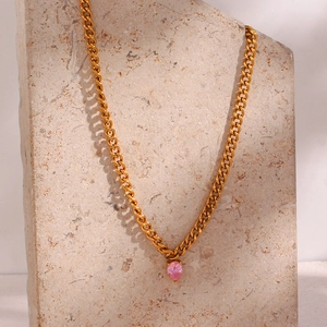 Gold Cuban chain necklace for women featuring a pink pear-shaped zircon drop pendant