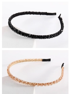Detailed close-up of double-row handmade crystal beads on thin fashion headbands