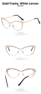 Three-way view of cat-eye gold metal frame glasses with clear lenses and black temple tips