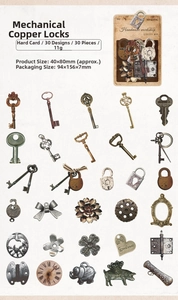 Detailed view of 30 vintage-style hollow cardstock DIY stickers featuring clocks and keys