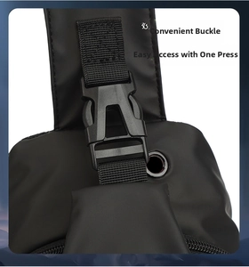 Detail of durable plastic quick-release buckle and waterproof nylon strap on chest bag