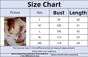 Size chart for V-neck lace patchwork shirt with bust and length measurements in centimeters