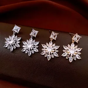 Snowflake Drop Earrings With Cubic Zirconia Copper And Silver Earring Post Luxury Winter Jewelry For Women