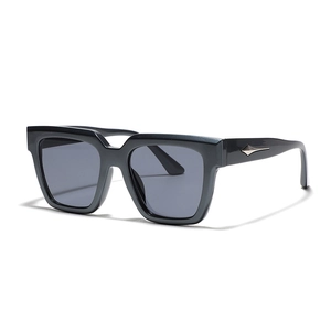 Retro square frame sunglasses in black with dark grey lenses and metal rivets detail