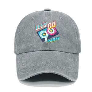 90s vintage washed cotton baseball cap with retro party print in charcoal grey