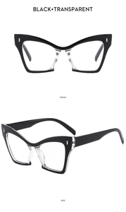 Front and side view of trendy black and transparent cat-eye glasses frames for women