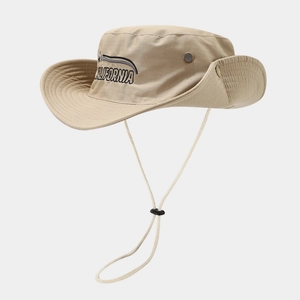 Beige wide-brim outdoor sun hat with CALIFORNIA embroidery and adjustable chin strap