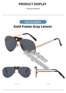 Detail einer Pilotensonnenbrille mit goldenem Metallrahmen und Lederakzent am Steg