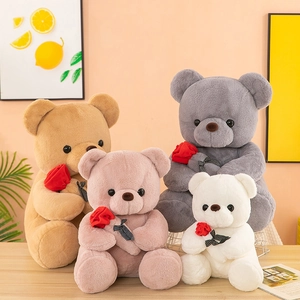 Oso De Peluche Con Rosa Corazón Regalo San Valentín Pelo Conejo Algodón PP Animal Relleno Muñeca Suave Decoración